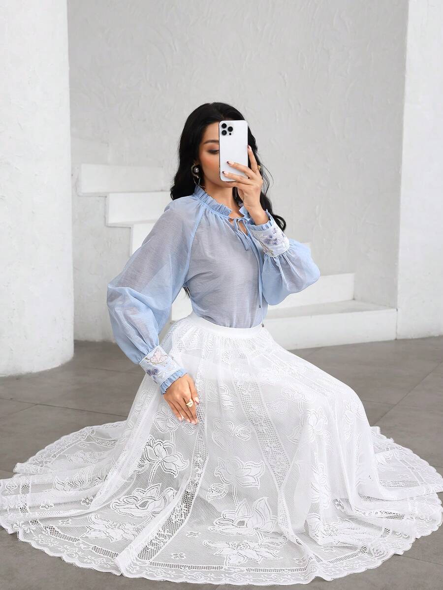 Modelyn White Elastic Waist Lace Women's Loose A-Line Skirt - White - View 1