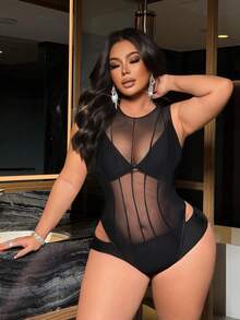 NU&NOW Bộ đồ liền thân không tay bằng vải lưới xuyên thấu gợi cảm, màu đen trơn co giãn, phù hợp cho mặc hàng ngày, dự tiệc, hẹn hò, cỡ lớn. - màu đen - Xem 6