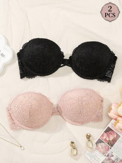 Snug Zone 2pcs/Set Strapless Front Closure Underwire Bra, Lift & Enhance Small Bust, Includes Invisible Shoulder Straps, Versatile Wear