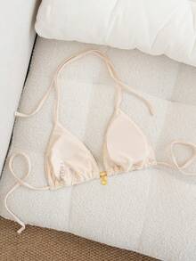 SHEIN Swim 随机金色贝壳印花挂脖比基尼上衣，性感泳装配饰，适合夏季度假，奶油色比基尼系带比基尼套装，贝壳比基尼，三角比基尼上衣，女士比基尼上衣，女士泳装上衣，女士沙滩上衣，女士泳衣上衣，女士带垫泳装 - 杏色 - 查看 2