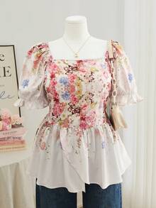 Modelyn Blouse élégante à taille ajustée avec col et manches courtes, imprimé floral ditsy, grande taille - Beige - Voir 1