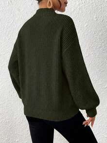 EURMUSE 女式纯色宽松V领长袖毛衣 - 軍綠色 - 查看 2