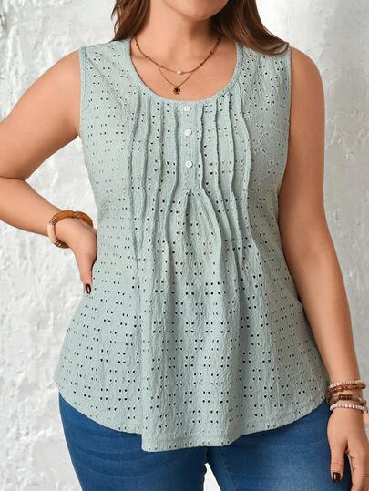 EMERY ROSE Plus Size Women Solid Color Round Neck Pleated Casual Versatile Sleeveless Top