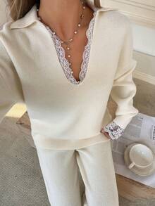DAZY Women's Elegant Lace Patchwork Sweater & Wide Leg Pants 2 Pieces Set, Autumn/Winter - Beige - View 4