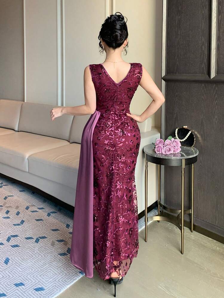 Women's Elegant Sequin Contrast Color Asymmetric V-Neck Long Dress, Summer,Wedding Guest Dress Women Maxi Dress Sundress Cocktail Dress