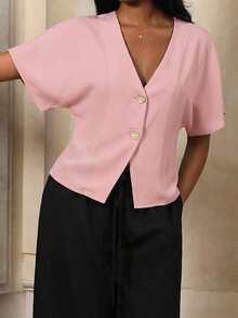 Mima John Kemeja Minimalis Warna Polos Kancing Ganda Lengan Kelelawar Elegan Warna Pink - Berwarna merah muda - View 6