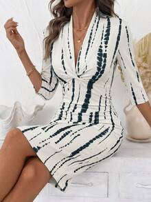 SHEIN Clasi 女士时尚通勤扎染印花修身中长连衣裙 - 彩色 - 查看 7