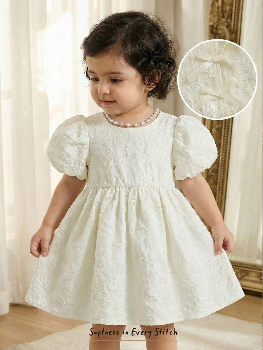 Cozy Pixies 女婴宽松可爱圆领3D立体花朵泡泡袖中长连衣裙,带蝴蝶结,杏色和香槟色,适合婚礼、花童、生日派对等场合 - 杏色 - 查看 1