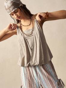 Bohemela Damen Sommer Lässig vielseitiges Design, mit Metall Nieten Verzierungen, 2 in 1 farblich abgesetztes Cami Top, auf verschiedene Arten zu tragen, Urlaub, geeignet für Lässig Ausflüge, Party Top, Strand, Grafik T-Shirt, Alltag, Rave Festival, Sommer für Frauen, Ausgehoberteil - Khaki - Übersicht 7