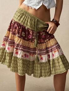 Bohemela 女士夏季休闲度假浪漫优雅法式海滩波西米亚乡村音乐节图案拼接细节流苏低腰A字中长塔裙，自由休闲的穿搭风格，适合海滩装、夏季度假装、婚礼宾客装、毕业季装。 - 彩色 - 查看 3