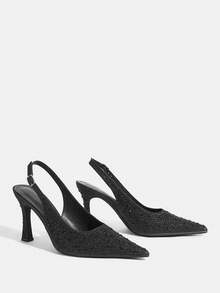 CUCCOO TILAWA Giày nữ mũi nhọn, gót mảnh, màu đen đính đá, gợi cảm, thời trang, kiểu slingback, thích hợp phối cùng váy, dự tiệc, hộp đêm, giày cao gót nữ. - màu đen - Xem 3