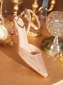 CUCCOO TILAWA Giày nữ, giày thời trang nữ, giày mũi nhọn màu sâm panh đính đá, quai ngang mắt cá chân, giày dự tiệc, giày ăn tối, giày cao gót gợi cảm, giày gót thấp, giày slingback. - Rượu sâm banh - Xem 6