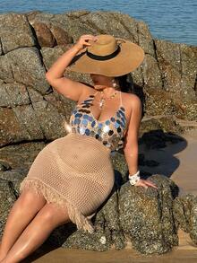 NU&NOW 女士性感优雅浪漫设计感高端舞厅年轻时尚海滩度假V领露背亮片流苏下摆修身镂空加大码毛衣连衣裙 - 卡其色 - 查看 7