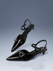 CUCCOO GRLICON Black Patent Leather Pointed Toe Stiletto Heel Commuter High Heels With Metal Buckle Strap - Black - View 5