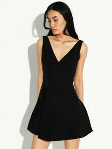 KSTM Vestido Preto Curto com Decote em V Sem Mangas, Detalhe em Laço, Modelo Evasê para Festa e Encontros - Preto - Visão 4