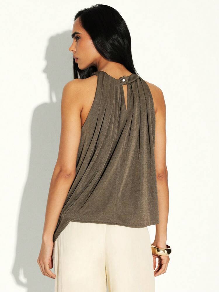 KSTM Asymmetric Draped Halter Neck Top With Gathered Detail And Button Back Closure
