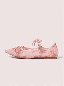 CUCCOO DOLLMOD Dam Rosa Mesh Blombroderi Mode Dubbel Rosett Söt Elegant Mary Jane Platta Skor - Rosa - Visa 2