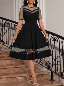 SHEIN Lady 时尚派对亮片网纱拼接黑色连衣裙 - 黑色 - 查看 3