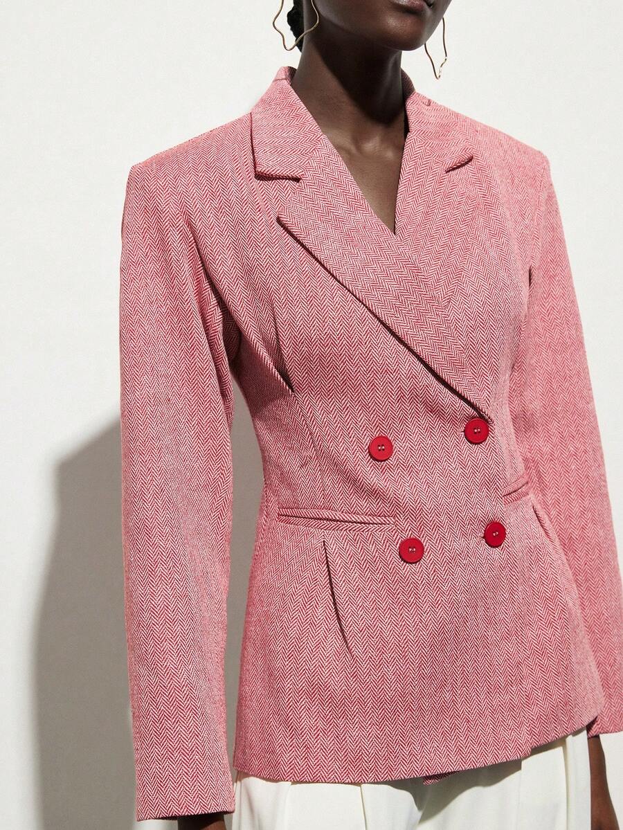 Aveloria Modichic 早春女士不对称袖刺绣拼接长袖西装外套 - 紅色 - 查看 1