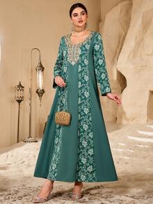 Al Najma Elegante bata larga con patrón floral de patchwork de jacquard, estilo tradicional árabe - Verde - Ver 2
