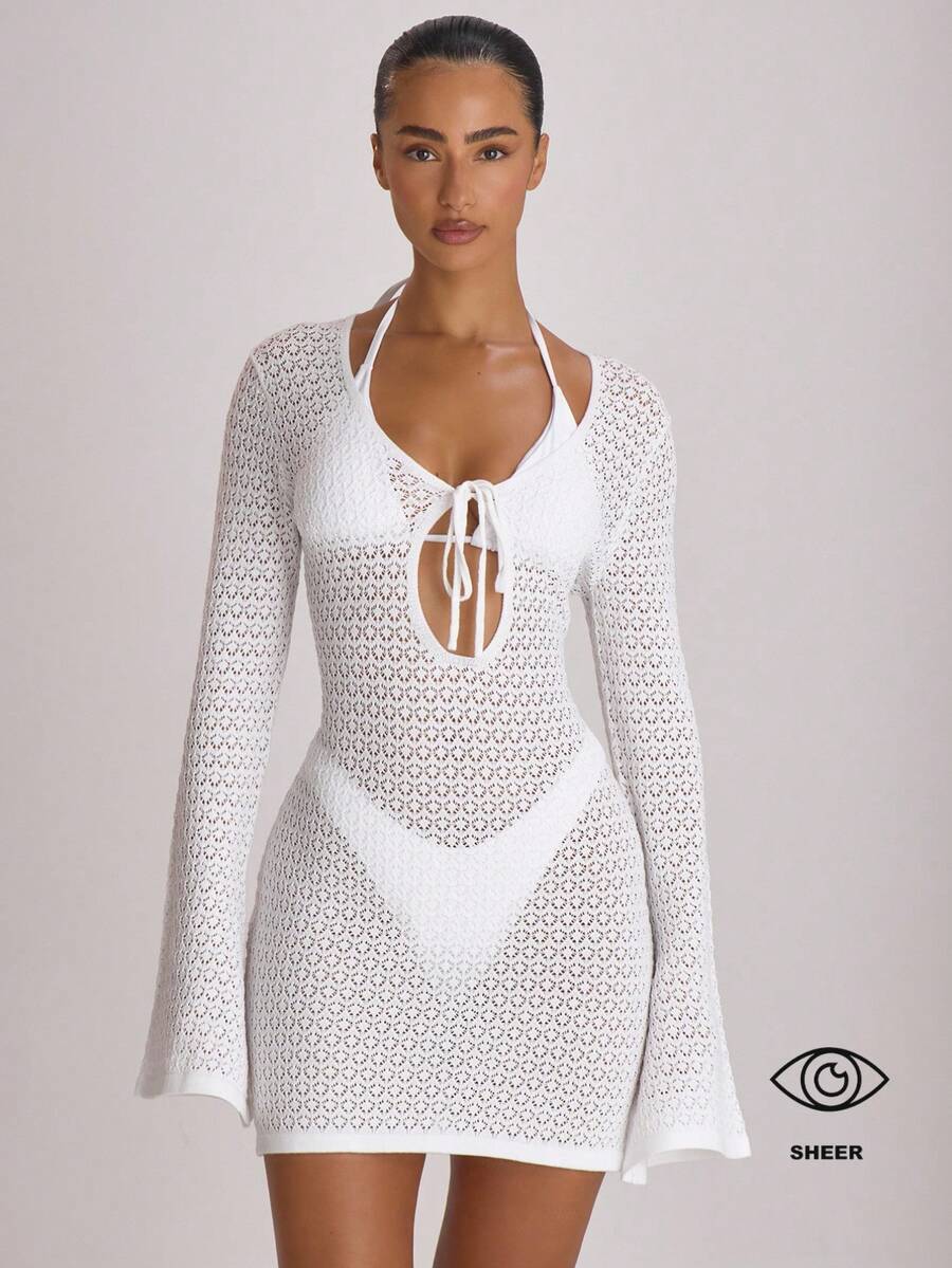 Musera Resort 钩针编织系带宽松罩衫迷你连衣裙泳装度假夏季旅行沙滩装基础款单身派对婚礼新娘单身派对纯色度假风 - 奶油色 - 查看 1