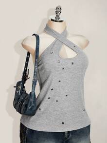 SHEIN ICON Áo tank top nữ cỡ lớn phong cách retro gợi cảm, phá cách, táo bạo, hiện đại, phong cách Y2K, cổ chéo, yếm, trang trí khoen kim loại, màu xám, chất liệu gân. - Xám - Xem 1