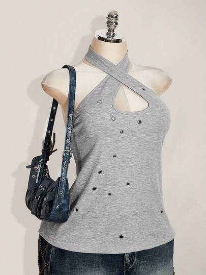 SHEIN ICON Women's Plus Size Retro Sexy Avant-Garde Bold Fashion Urban Modern Millennial Style Y2K Simple Cross-Neck Halter Metal Eyelet Decoration Gray Ribbed Vest Top