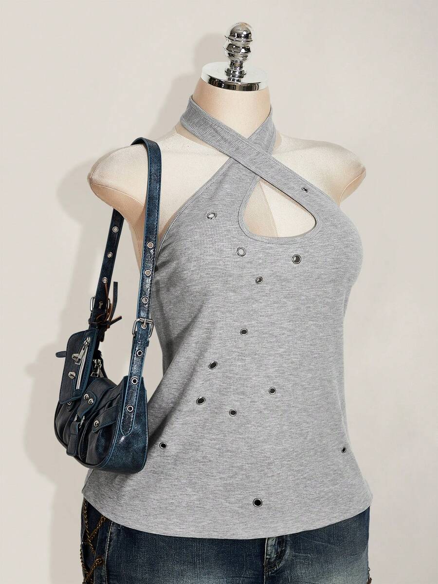 SHEIN ICON Áo tank top nữ cỡ lớn phong cách retro gợi cảm, phá cách, táo bạo, hiện đại, phong cách Y2K, cổ chéo, yếm, trang trí khoen kim loại, màu xám, chất liệu gân. - Xám - Xem 1