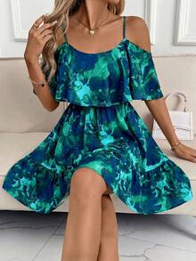 Clasi Vestido minielegante de mujer con estampado floral y hombros al descubierto, vestido casual cómodo para vacaciones y playa - Verde - Ver 4