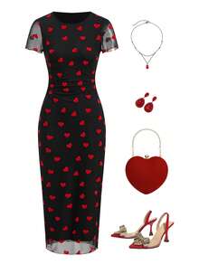 Ellevyn 女士优雅荷叶边修身及膝连衣裙，饰以爱心印花网纱，适合夏季和情人节约会 - 紅色和黑色 - 查看 5