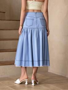 Selenza Women's Casual Denim Skirt With Pockets, Button Design And Ruffle Hem - Blue - View 2