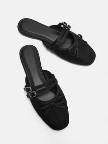 秋冬女士优雅时尚细带扣脚背带蝴蝶结装饰黑色缎面舒适方头一脚蹬平底穆勒鞋芭蕾平底鞋 - 黑色 - 查看 13