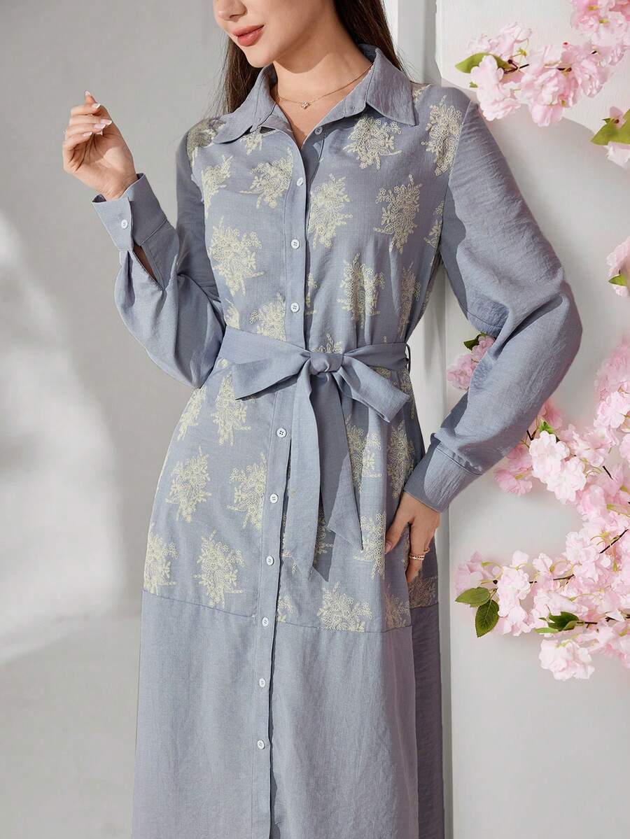 Veilorie Đầm dài tay thêu họa tiết kiểu Ả Rập dành cho nữ. - Xám - Xem 1