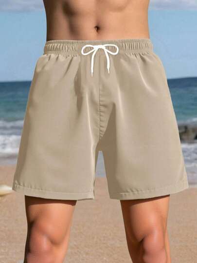 SHEIN Swimsuit Teen Boys Swimwear Youth Fashion Sports Khaki Clear Beach Pants Woven Fabric With Adjustable Rope Suitable For Beach Summer Vacation Teen Khaki Shorts Streetwear Teens Boys Shorts Men's Swim Shorts Male Swimwear Drawstring Shorts Beach Wear Solid Shorts Khaki Swim Shorts Tan Board Shorts