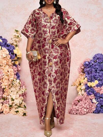 Fleurora Plus Size Burgundy Dress, Spring/Summer Dress, Shiny Dress, Curve-Flattering Dress, Suitable For Weddings, Formal Dinners, Cocktail Parties, Graduations, Birthday Celebrations And Other Formal Occasions