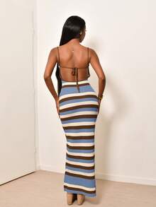 Mima John 女士春夏新款针织连衣裙，交叉吊带露背钩花连衣裙，波西米亚条纹长裙，度假连衣裙，优雅女士连衣裙 - 彩色 - 查看 2