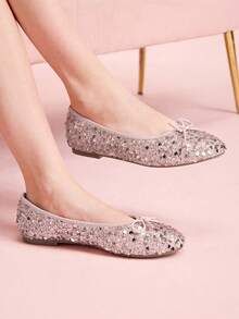 CUCCOO DOLLMOD 女士粉色亮面圆头蝴蝶结装饰低帮芭蕾平底鞋，鞋面亮片材质，可爱优雅，一脚蹬款式，适合节日和情人节穿着。 - 粉色 - 查看 8