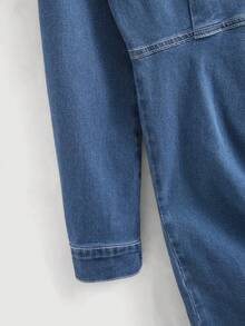 GlowEve Women's Collared Long Sleeve Ruched Side Slit Hem Fitted Denim Dress - Blue - View 5