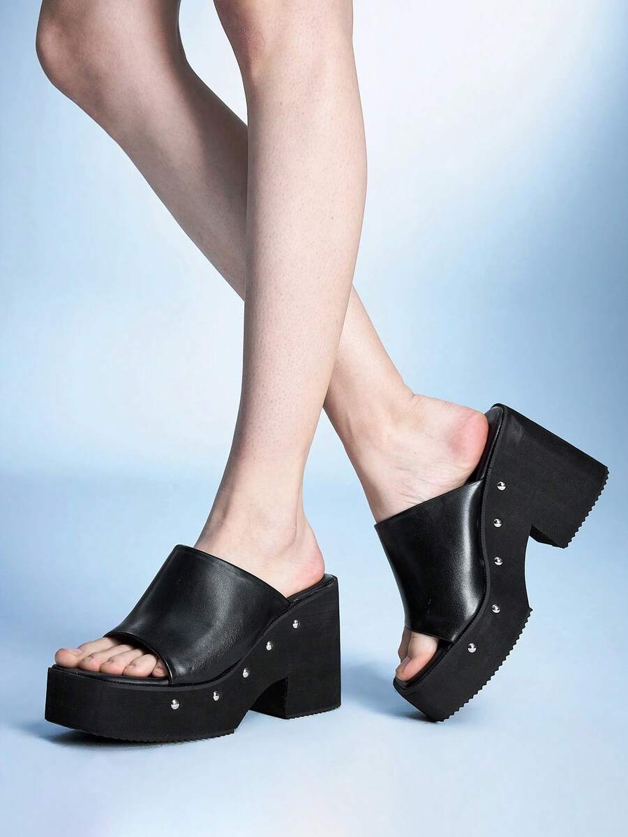 Sugerpunk Women Heeled Sandals~ 11cm Super High Heel Women's Shoes Heightening Road Toes Platform Slippers Women's Fashion Rivet Wedge Sandals Lazy Shoes Autumn - Black - View 1