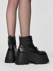 ROMWE Goth Women Heeled Sandals~ 2026 New Fashion Spring And Autumn Punk Style Dark PU Round Toe Wedge Heel Platform Riding Boots British Style Lace-Up Butterfly Buckle Muffin Locomotive Boots Versatile Height-Increasing Ankle Boots Women - Black - View 5