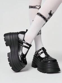 ROMWE Women Heeled Sandals~ 2026 New Fashion Spring And Autumn Punk Style Dark PU Round Head Thick Sole Heightening Mary Jane Small Leather Shoes Versatile Casual Muffin Wedge Heel High Heel Single Shoes Women - Black - View 4