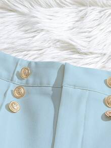 GlowEve Women's Fashionable Elegant Minimalist Decorative Button A-Line Practical Pocket Solid Color Shorts, Spring/Summer - Blue - View 3