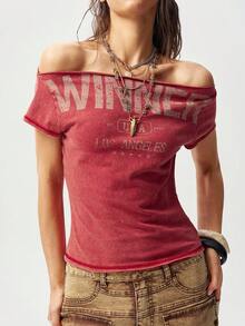 Bohemela Women's Casual Solid Color Knit Boat Neck Short Sleeve T-Shirt Asymmetric Neck TOP - Red - View 2