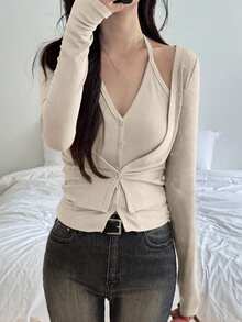 DAZY 两件套性感设计长袖T恤，吊带领，修身款，休闲女式上衣 - 米色 - 查看 3