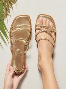 SHUZIA Women's Square Toe Multi-Strap Metallic PU Gold Slide Sandals – Minimal, & Comfortable - Gold - View 3