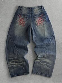 Street Life Men's Embroidered Pattern Relaxed Fit Jeans - Dark Wash - View 2