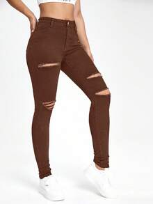 SHEIN EZwear Jeans pitillo negros con bolsillos sesgados y rotos - Marrón - View 4