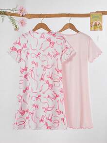 Genkimix Kids 少女甜美粉色蝴蝶印花A字型两件套短袖长款睡裙家居服套装 - 粉色 - 查看 2