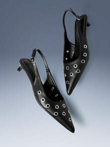 CUCCOO GRLICON Black Pointed Patent Leather Eyelet Design Kitten Heel Empty Women's Shoes - Black - View 5