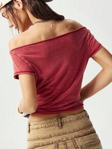 Bohemela Women's Casual Solid Color Knit Boat Neck Short Sleeve T-Shirt Asymmetric Neck TOP - Red - View 3